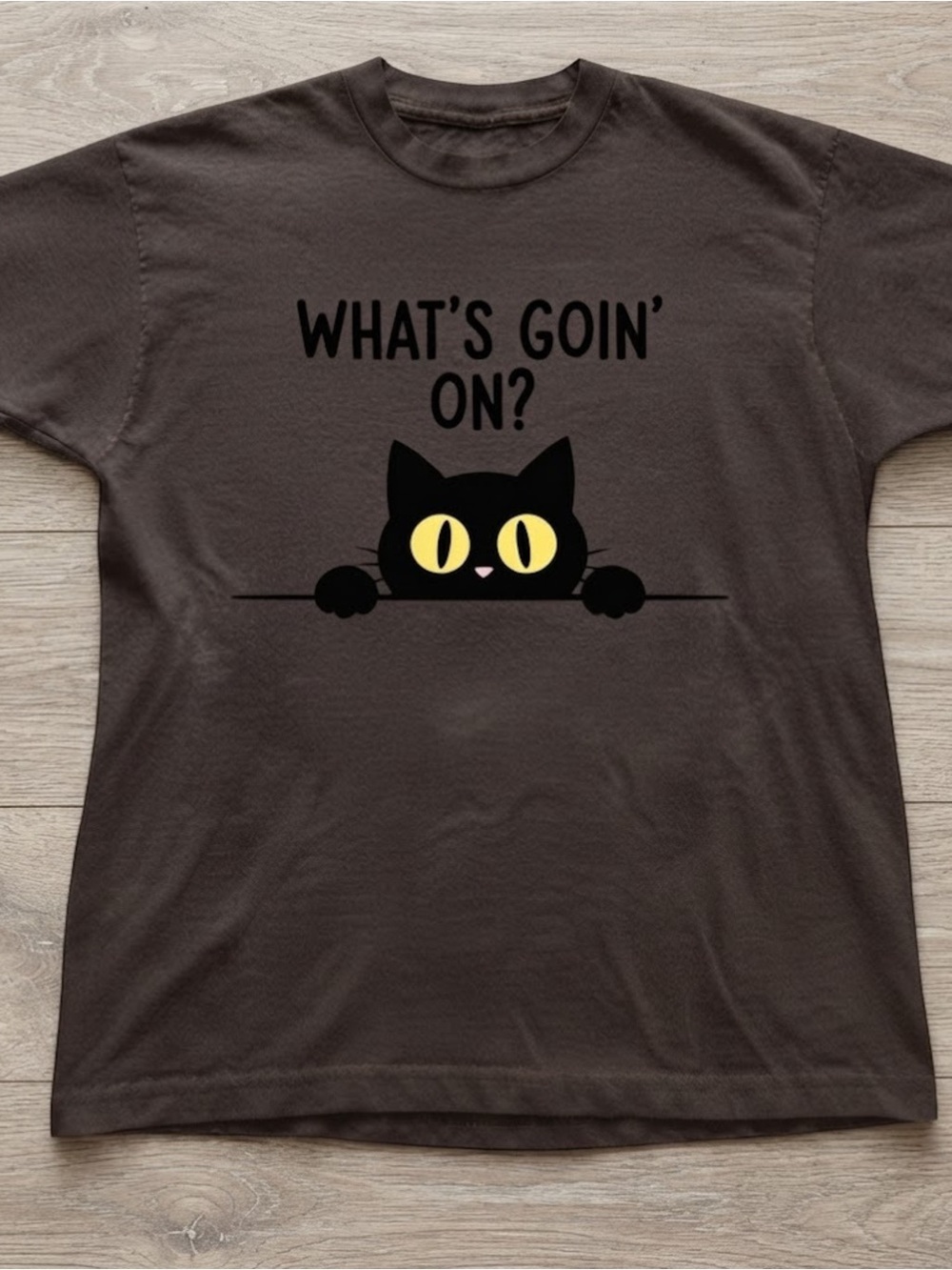 What's Goin On Black Cat Peeking Graphic Tee Brown Gildan T-Shirt